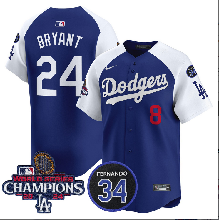 Men MLB Los Angeles Dodgers 24 Bryant blue 2024 World Series Champions Patch Limited Jersey